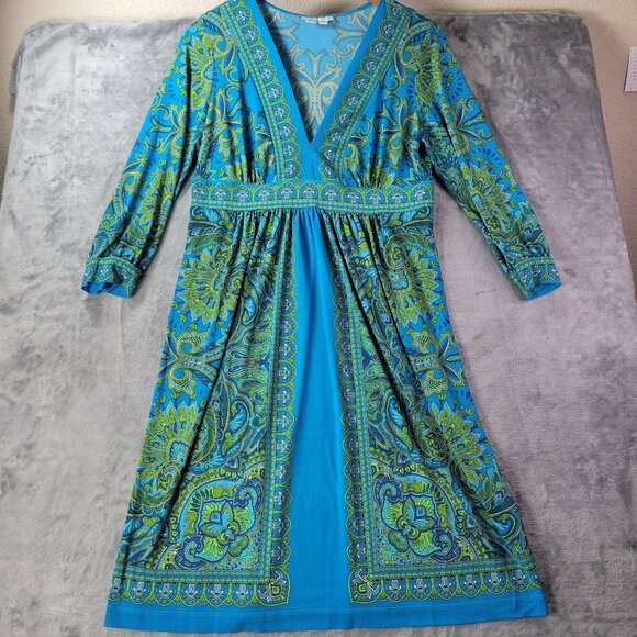 London Times Womens 10 Blue Green Paisley‎ Babydoll Y2K Boho Retro Midi Dress - Picture 1 of 10